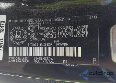 2014 Toyota Sequoia Platinum 5.7L V8 из США, поврежденный, VIN 5TDDY5G19ES098357